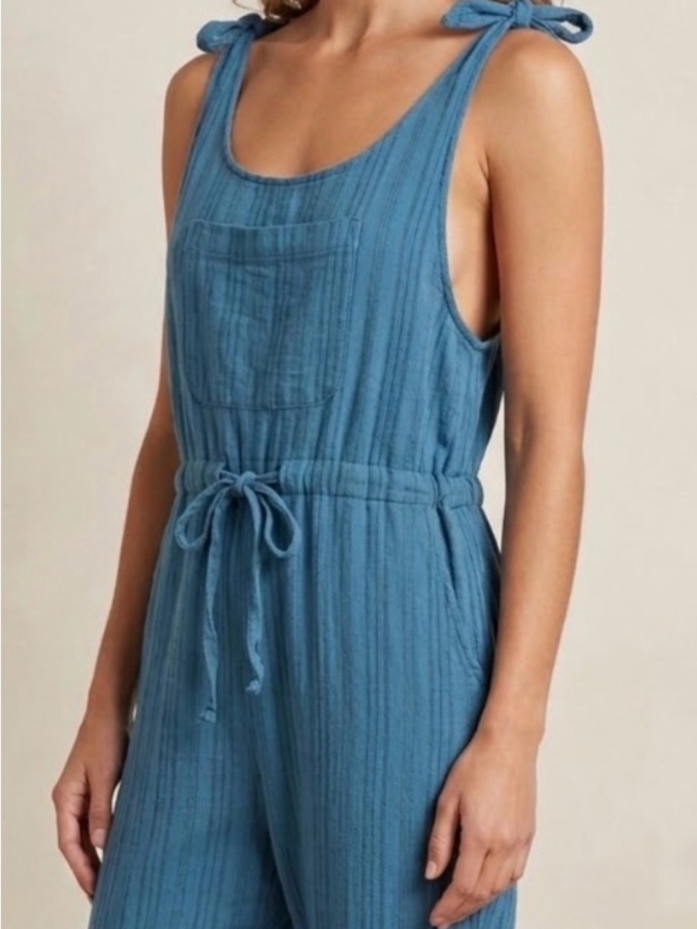 Soul Flower Teal Tie-Shoulder Drawstring Jumpsuit